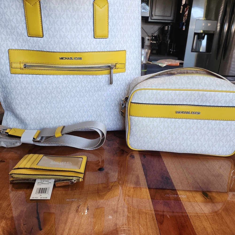 3 Piece Michael Kors White and Yellow Bag Set